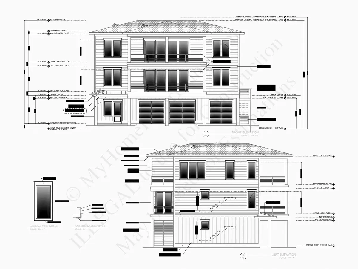 Fasādes 7 – Trīsstāvu mājas projekts 322 m²: 5 Guļamistabas, 4 Vannasistabas, Atvērta virtuve, Garāža — 63179R