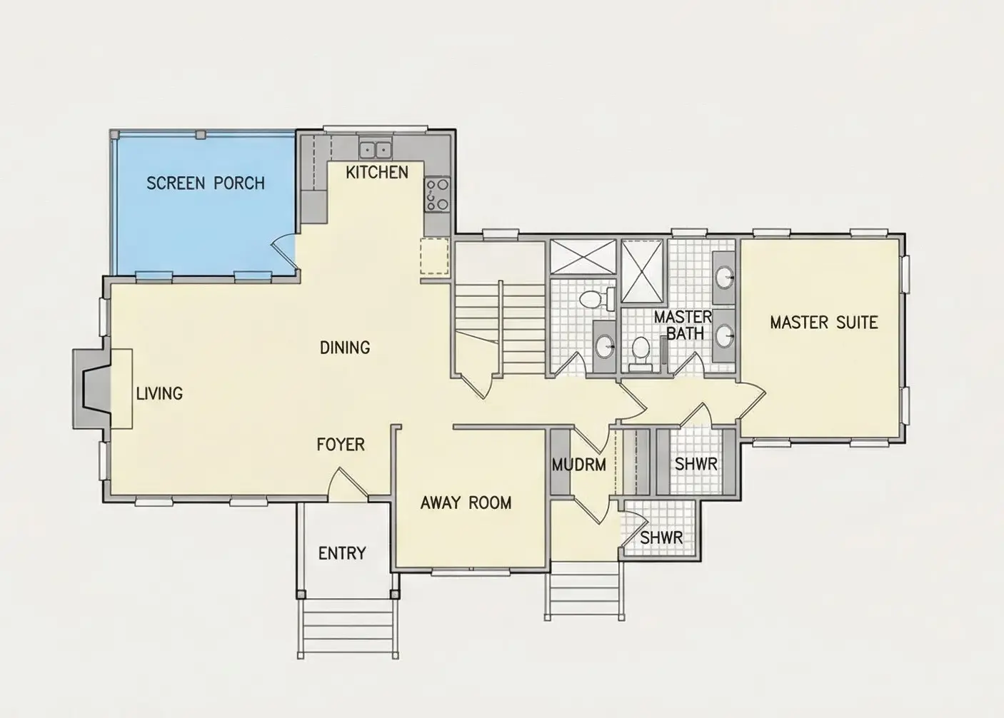 1. stāvs 22 – Divstāvu mājas projekts 158 m²: 4 Guļamistabas, Darba istaba, 4 Vannasistabas, Atvērta virtuve, Garāža — 78159R