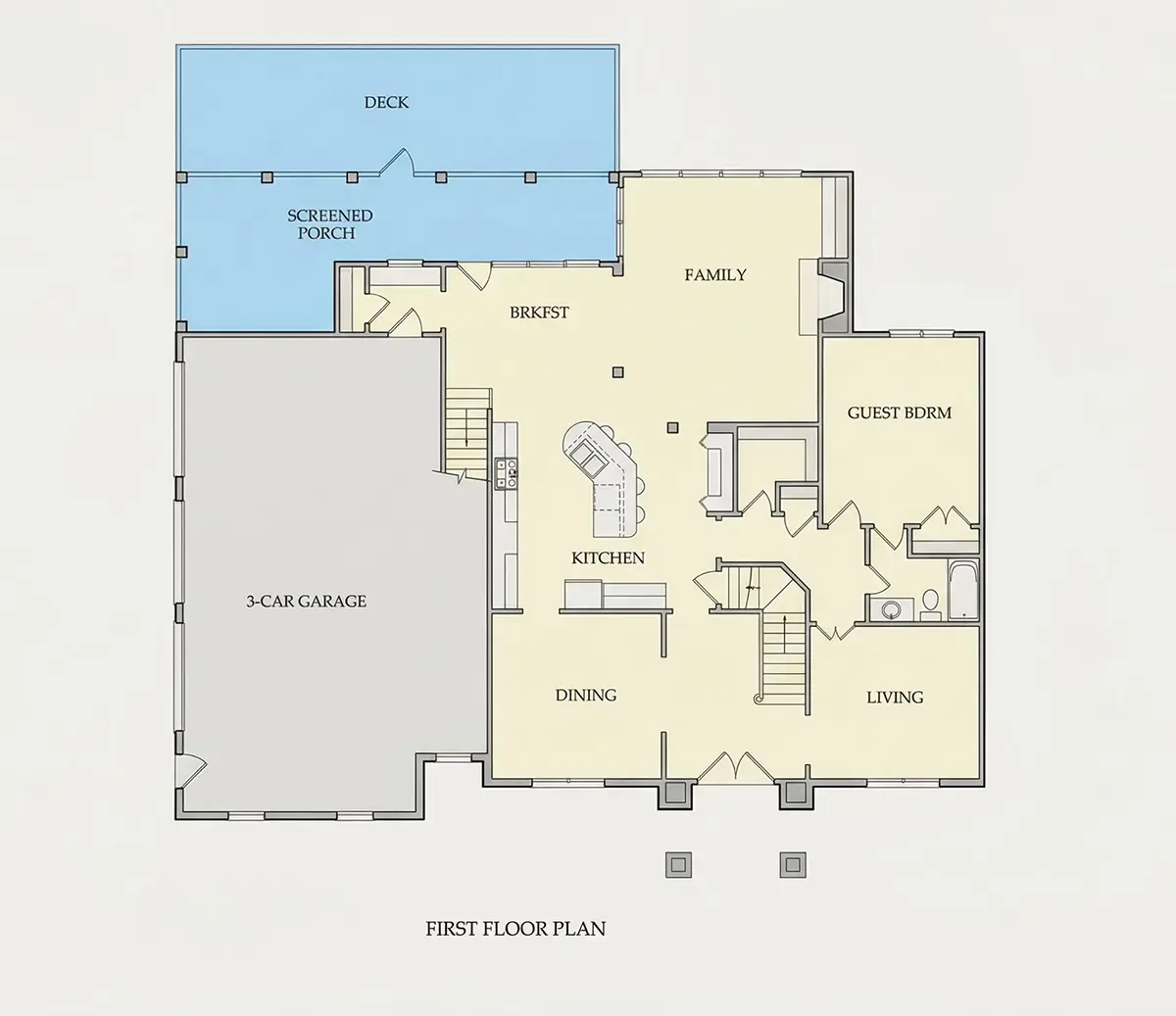 1. stāvs 29 – Divstāvu mājas projekts 234 m²: 4 Guļamistabas, Darba istaba, 3 Vannasistabas, Atvērta virtuve, Garāža — 20216R