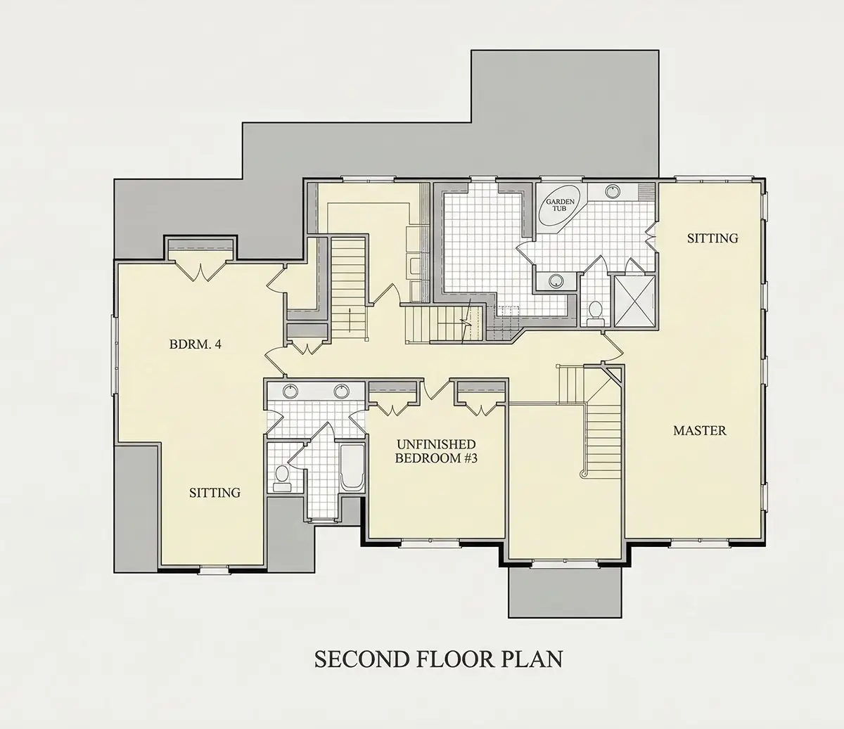 2. stāvs 30 – Divstāvu mājas projekts 234 m²: 4 Guļamistabas, Darba istaba, 3 Vannasistabas, Atvērta virtuve, Garāža — 20216R