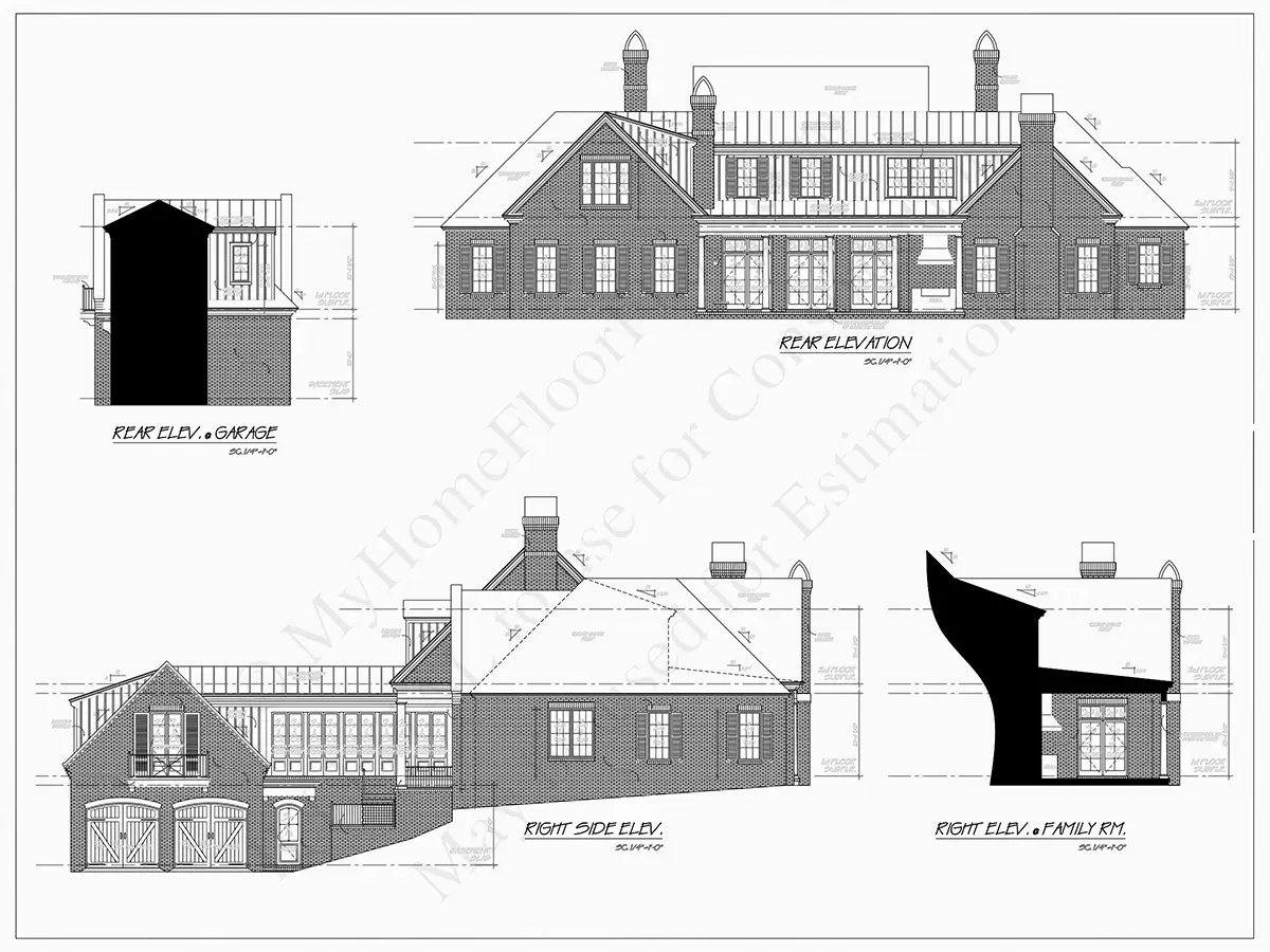 Fasādes 8 – Mājas projekts ar mansardu + pagrabu 456 m²: 4 Guļamistabas, 6 Vannasistabas, Atvērta virtuve, Garāža — 81789R