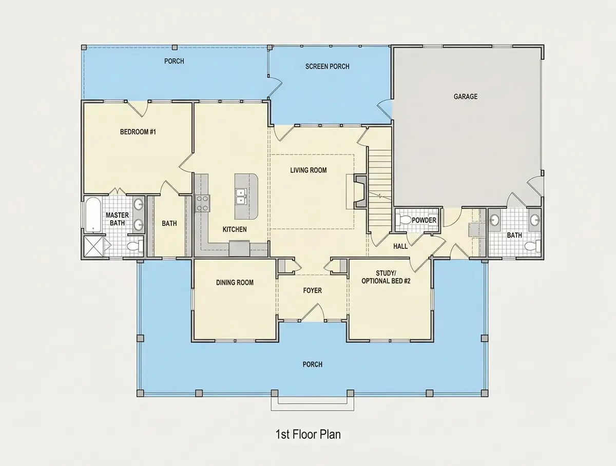 1. stāvs 9 – Divstāvu mājas projekts 184 m²: 3 Guļamistabas, Darba istaba, 4 Vannasistabas, Atvērta virtuve, Garāža — 71974R