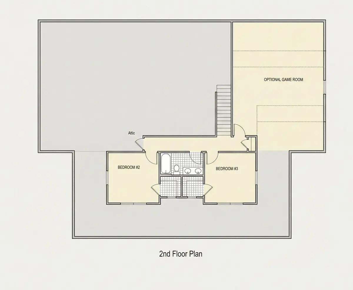 2. stāvs 10 – Divstāvu mājas projekts 184 m²: 3 Guļamistabas, Darba istaba, 4 Vannasistabas, Atvērta virtuve, Garāža — 71974R