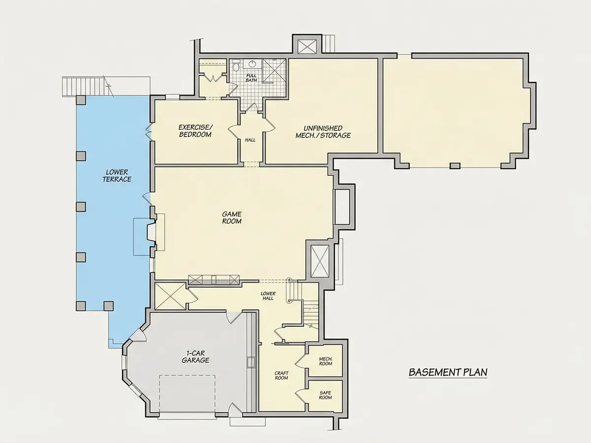 Pagrabs 9 – Mājas projekts ar mansardu + pagrabu 422 m²: 3 Guļamistabas, Darba istaba, 5 Vannasistabas, Atvērta virtuve, Garāža — 77707R