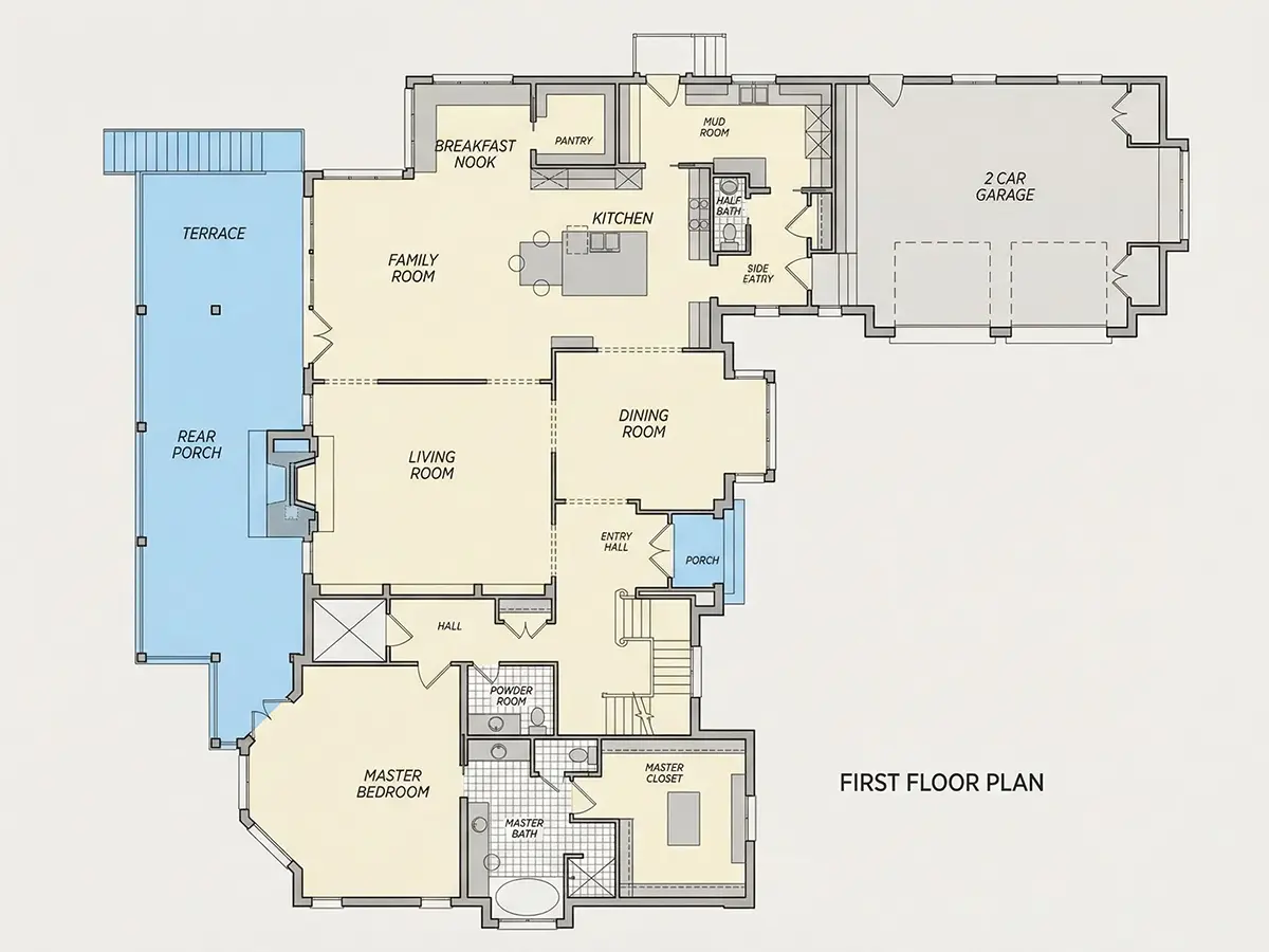 1. stāvs 10 – Mājas projekts ar mansardu + pagrabu 422 m²: 3 Guļamistabas, Darba istaba, 5 Vannasistabas, Atvērta virtuve, Garāža — 77707R