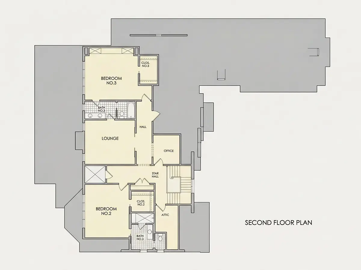 2. stāvs 11 – Mājas projekts ar mansardu + pagrabu 422 m²: 3 Guļamistabas, Darba istaba, 5 Vannasistabas, Atvērta virtuve, Garāža — 77707R