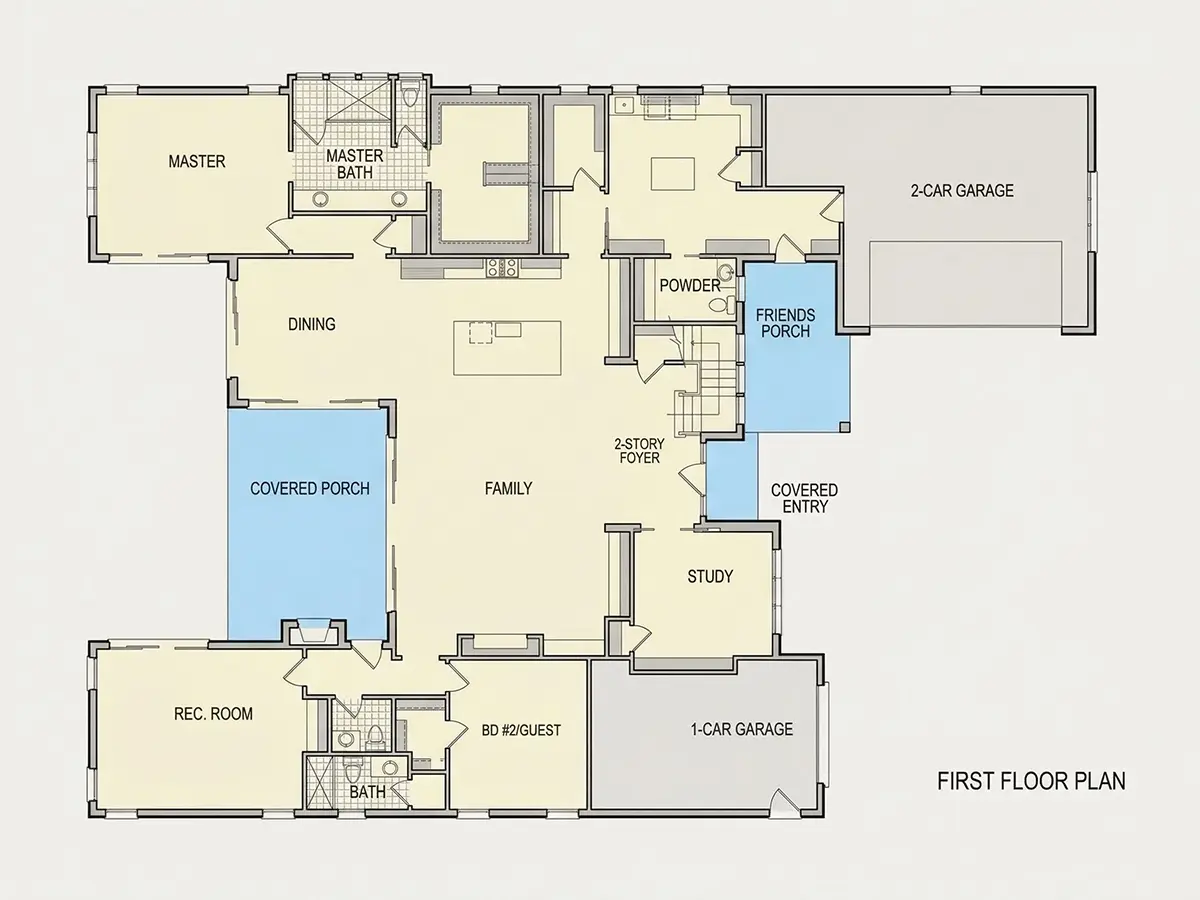 1. stāvs 23 – Mājas projekts ar mansardu 399 m²: 5 Guļamistabas, Darba istaba, 7 Vannasistabas, Atvērta virtuve, Garāža — 33241R