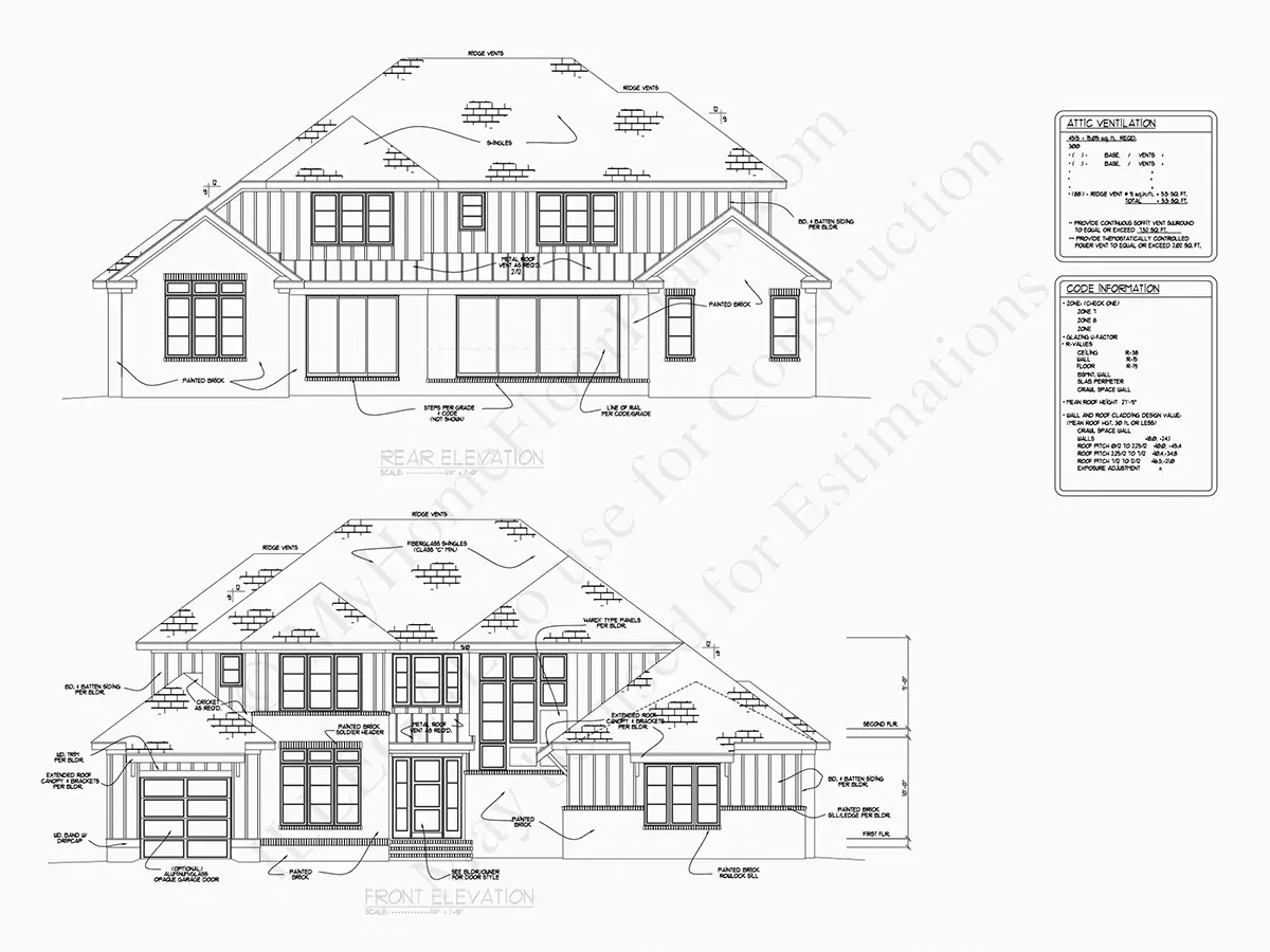 Fasādes 21 – Mājas projekts ar mansardu 399 m²: 5 Guļamistabas, Darba istaba, 7 Vannasistabas, Atvērta virtuve, Garāža — 33241R