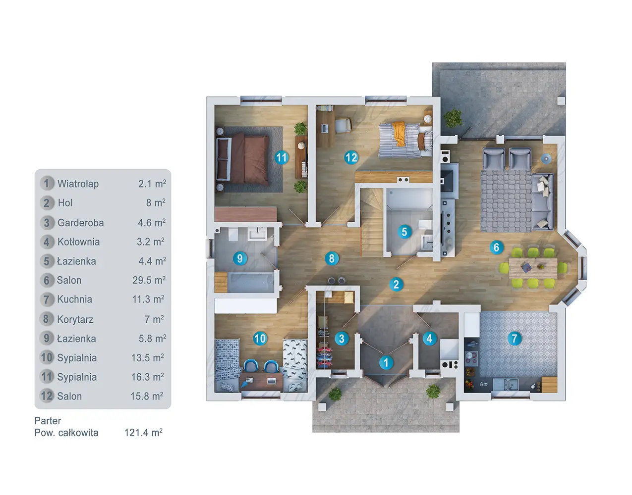 Mājas projekts ar mansardu 164 m²: 4 Guļamistabas, Darba istaba, 3 Vannasistabas, Atvērta virtuve, bez Garāžas