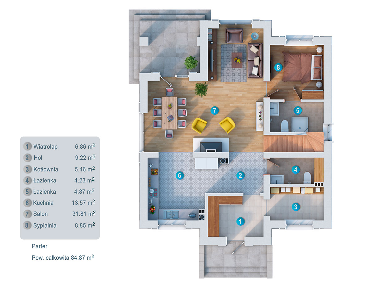 Mājas projekts ar mansardu 170 m²: 4 Guļamistabas, 4 Vannasistabas, Atvērta virtuve, bez Garāžas