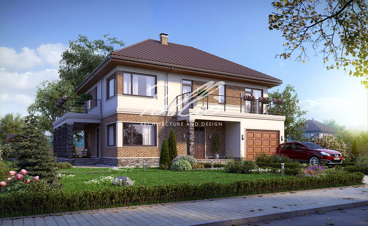 Divstāvu mājas projekts 245 m²: 3 Guļamistabas, Darba istaba, 3 Vannasistabas, Atvērta virtuve, Garāža