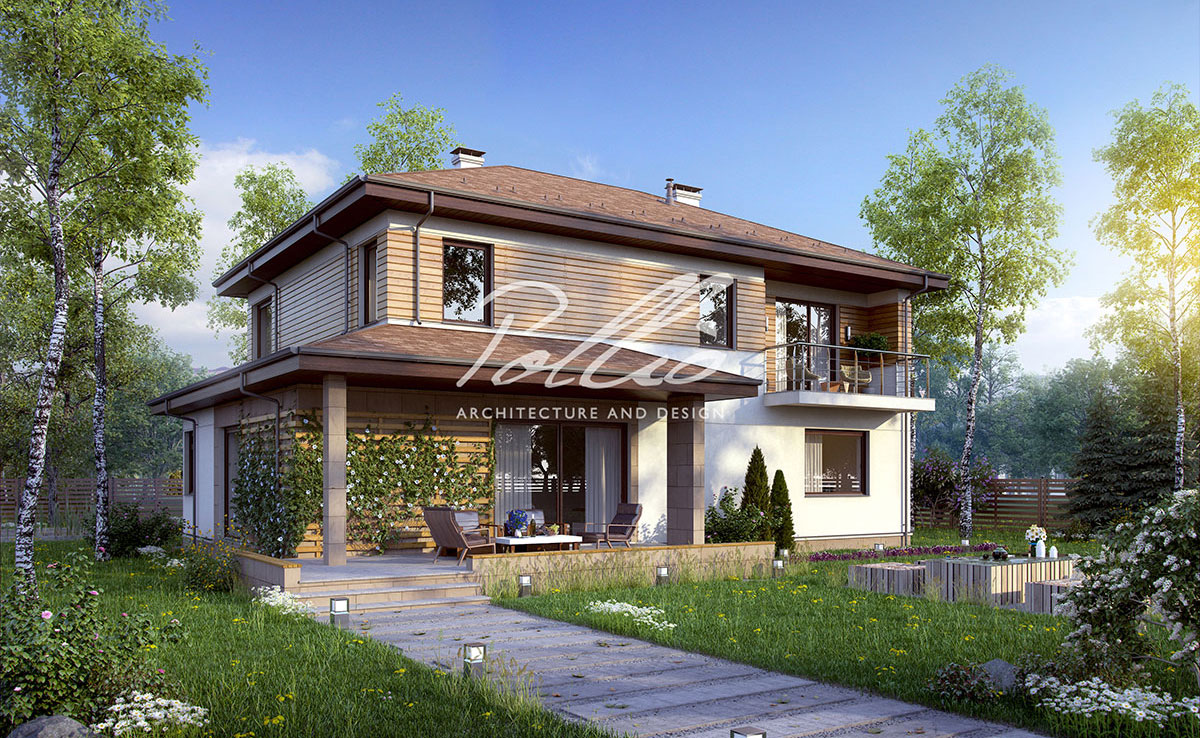 Divstāvu mājas projekts 234 m²: 3 Guļamistabas, Darba istaba, 3 Vannasistabas, Atvērta virtuve, Garāža