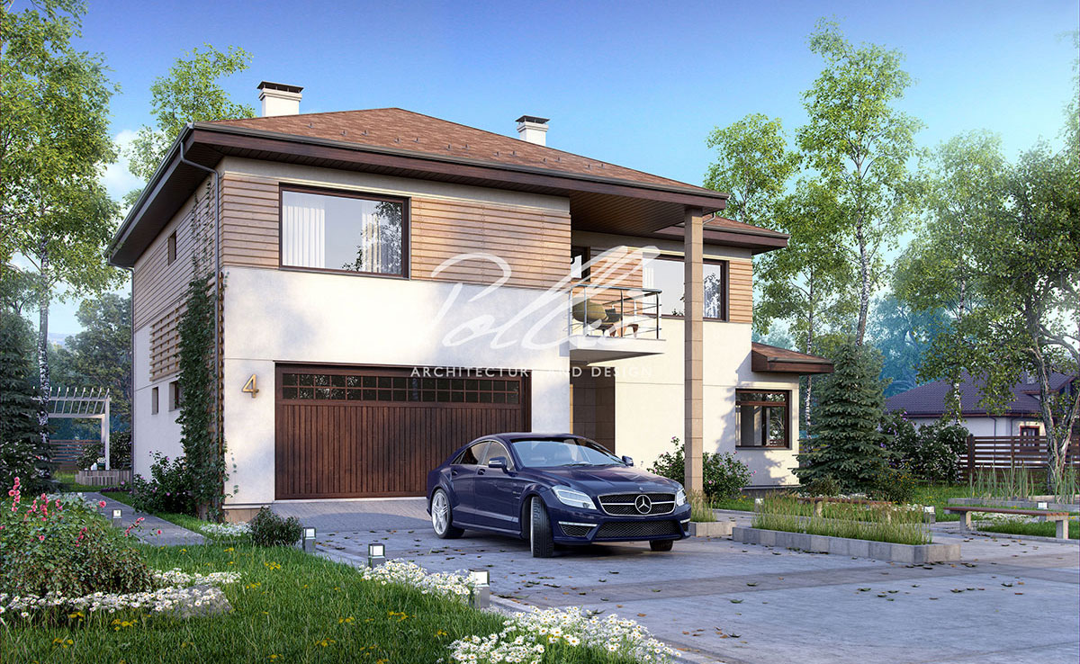 Divstāvu mājas projekts 234 m²: 3 Guļamistabas, Darba istaba, 3 Vannasistabas, Atvērta virtuve, Garāža