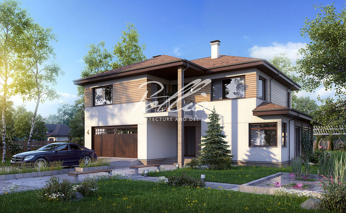 Divstāvu mājas projekts 234 m²: 3 Guļamistabas, Darba istaba, 3 Vannasistabas, Atvērta virtuve, Garāža