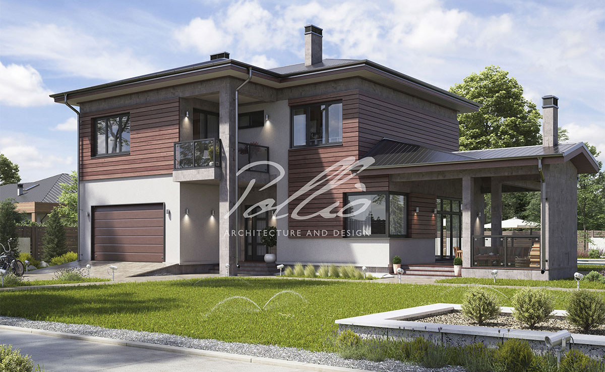 Divstāvu mājas projekts 236 m²: 4 Guļamistabas, Darba istaba, 3 Vannasistabas, Atvērta virtuve, Garāža