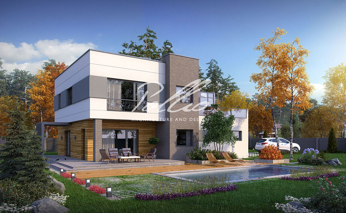 Divstāvu mājas projekts 216 m²: 3 Guļamistabas, Darba istaba, 3 Vannasistabas, Atvērta virtuve, Garāža