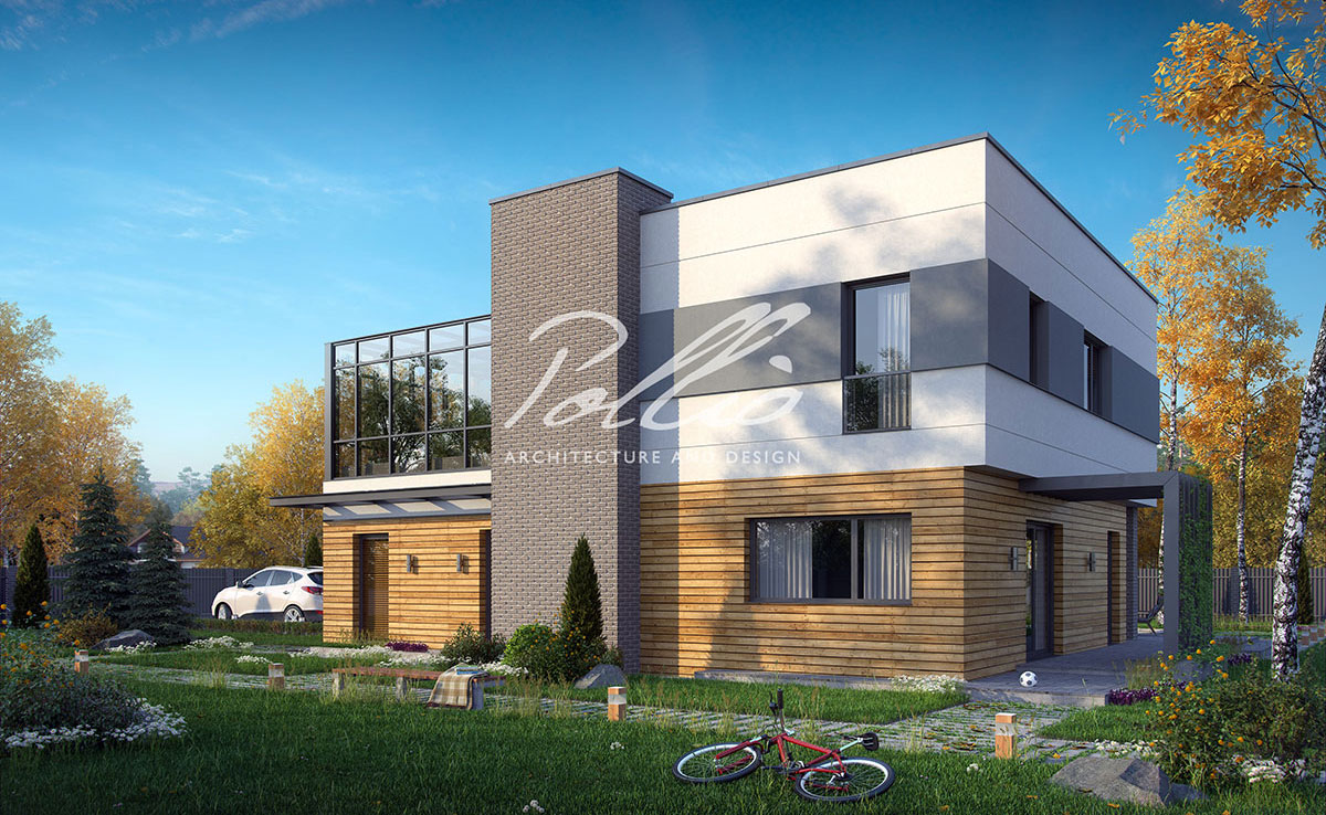 Divstāvu mājas projekts 216 m²: 3 Guļamistabas, Darba istaba, 3 Vannasistabas, Atvērta virtuve, Garāža