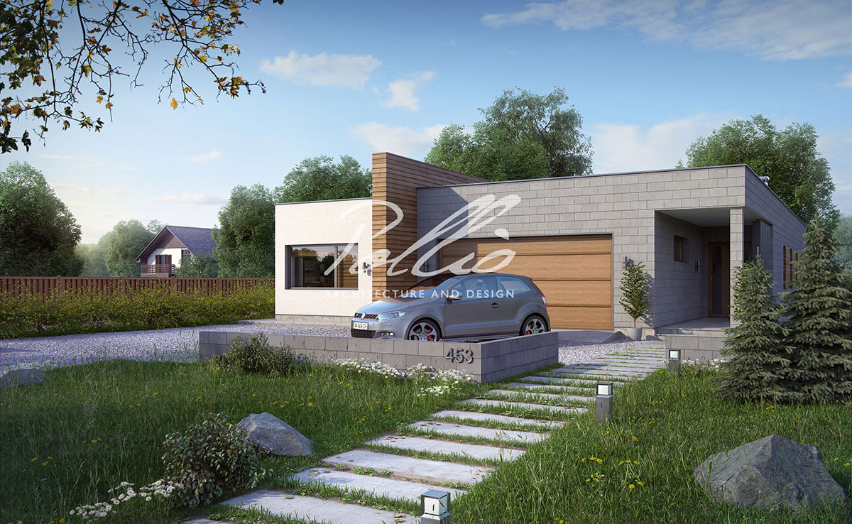 Vienstāva mājas projekts 203 m²: 3 Guļamistabas, Darba istaba, 3 Vannasistabas, Atvērta virtuve, Garāža