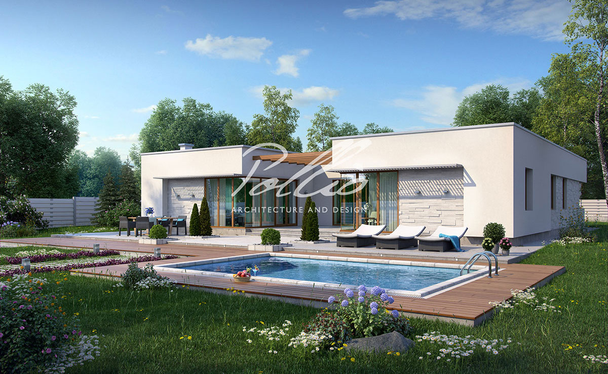 Vienstāva mājas projekts 233 m²: 3 Guļamistabas, Darba istaba, 3 Vannasistabas, Atvērta virtuve, Garāža