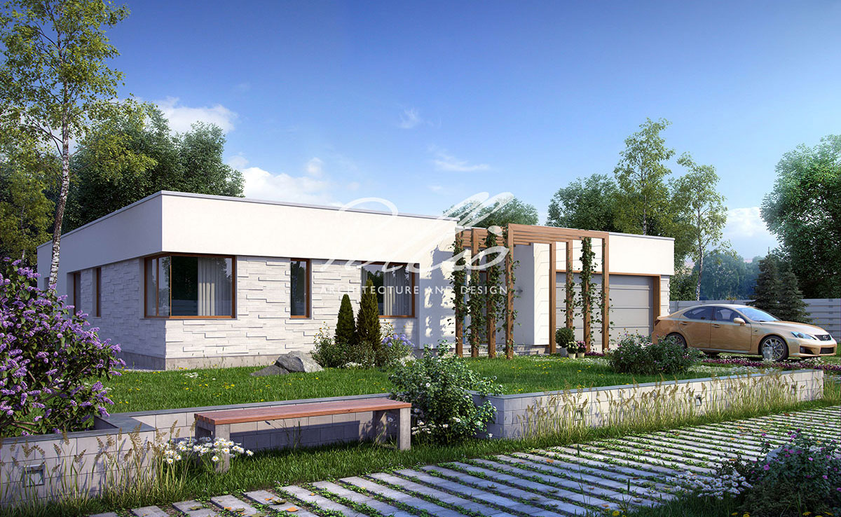 Vienstāva mājas projekts 233 m²: 3 Guļamistabas, Darba istaba, 3 Vannasistabas, Atvērta virtuve, Garāža