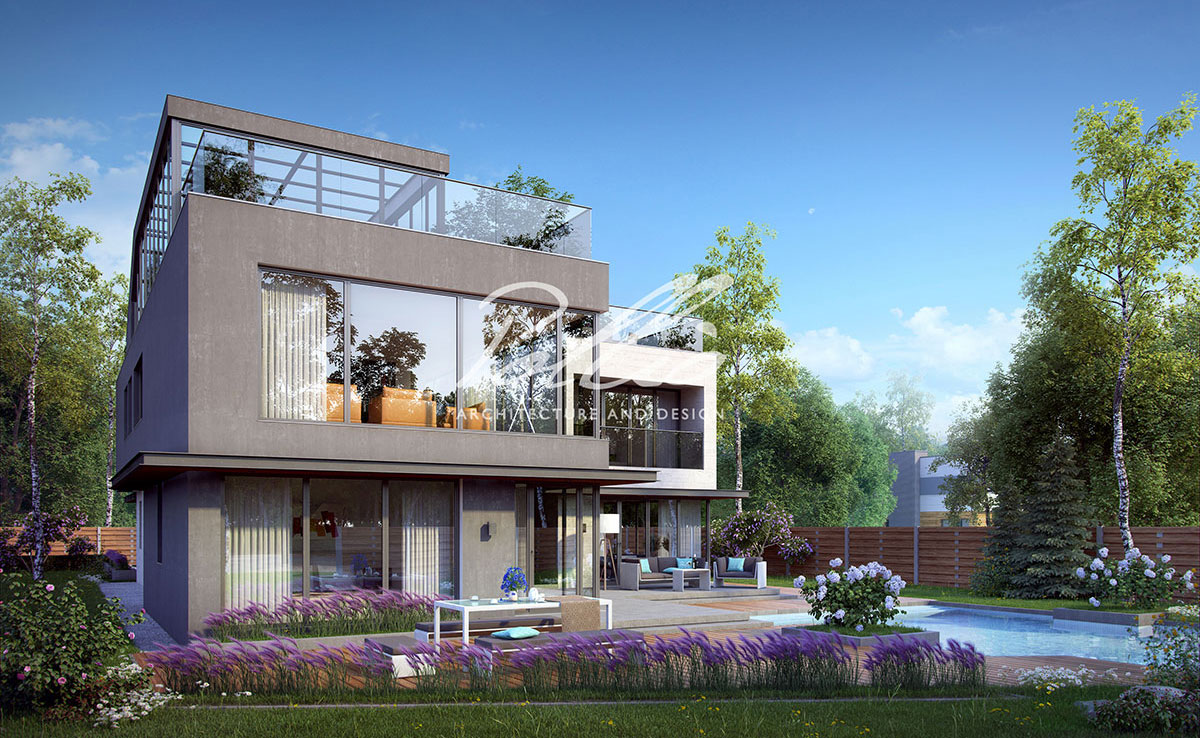 Trīsstāvu mājas projekts 338 m²: 4 Guļamistabas, Darba istaba, 4 Vannasistabas, bez Garāžas