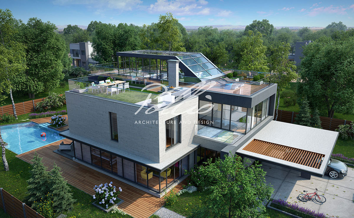 Trīsstāvu mājas projekts 338 m²: 4 Guļamistabas, Darba istaba, 4 Vannasistabas, bez Garāžas