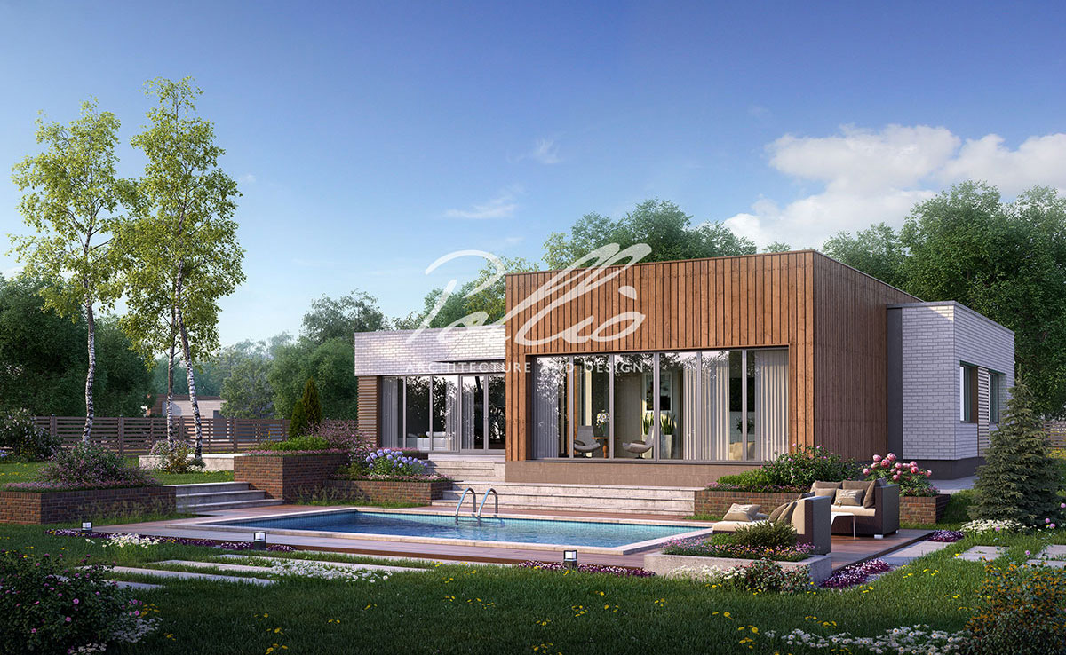 Vienstāva mājas projekts 217 m²: 3 Guļamistabas, Darba istaba, 4 Vannasistabas, Atvērta virtuve, bez Garāžas