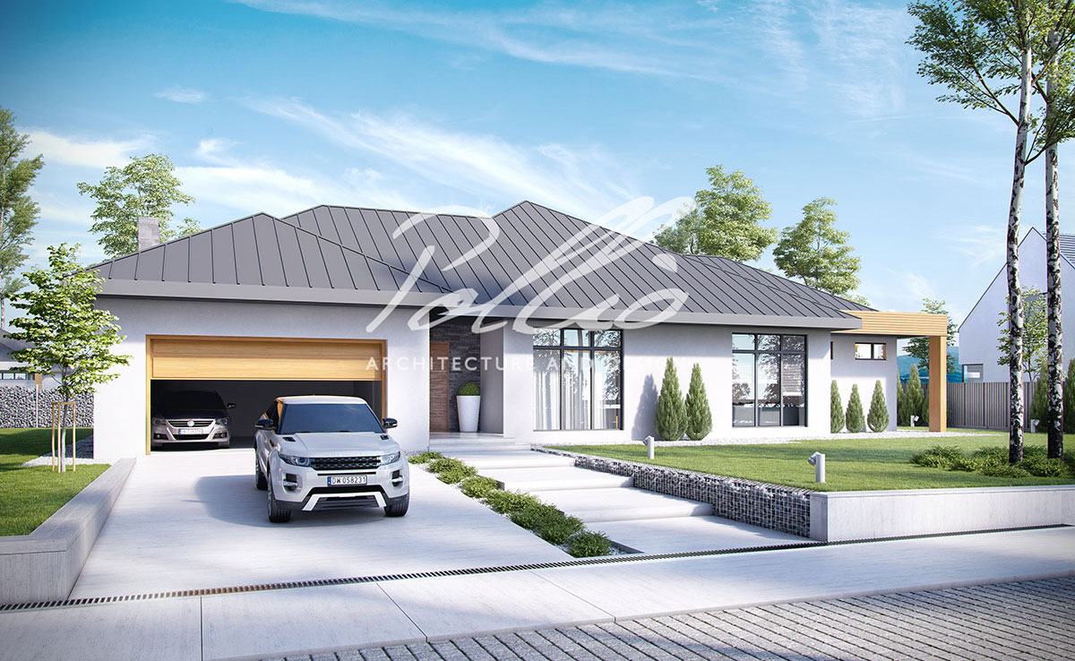 Vienstāva mājas projekts 260 m²: 3 Guļamistabas, Darba istaba, 3 Vannasistabas, Atvērta virtuve, Garāža