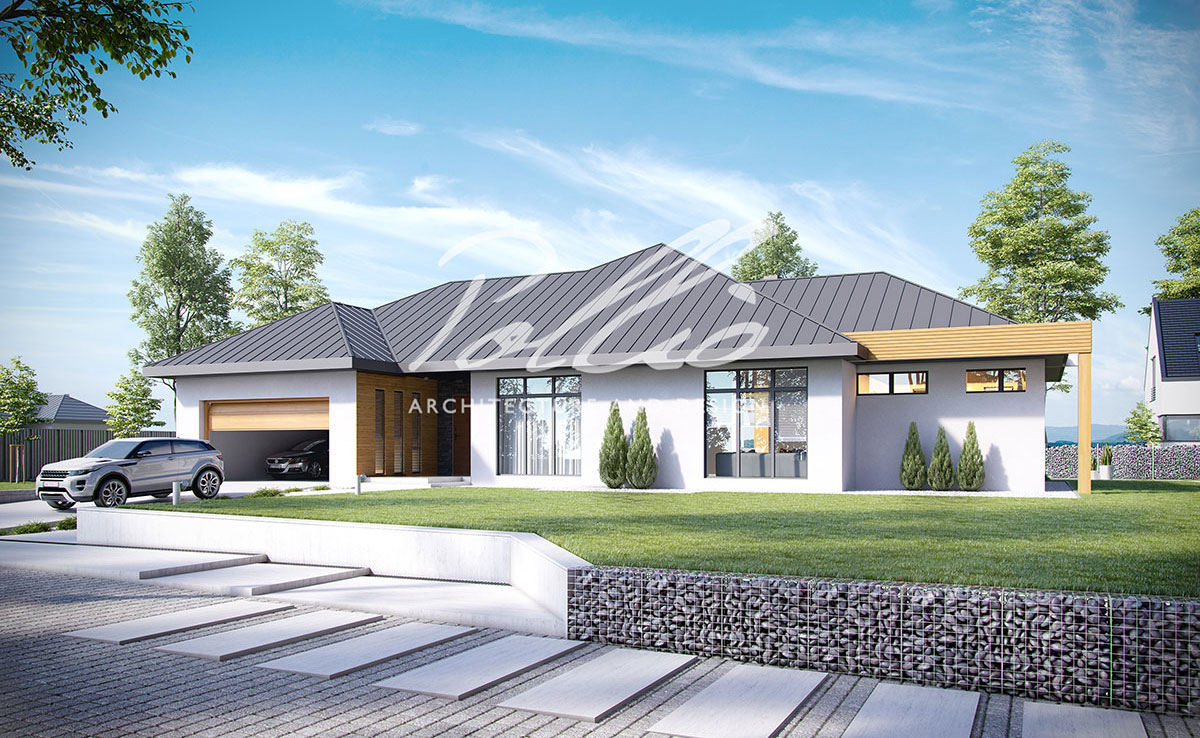 Vienstāva mājas projekts 260 m²: 3 Guļamistabas, Darba istaba, 3 Vannasistabas, Atvērta virtuve, Garāža