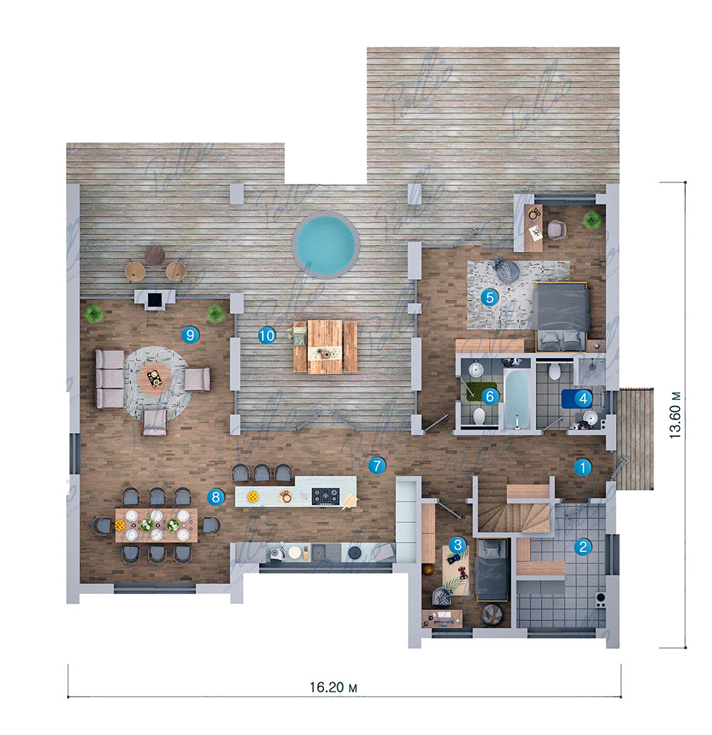 Mājas projekts ar mansardu 132 m²: 3 Guļamistabas, 2 Vannasistabas, Atvērta virtuve, bez Garāžas