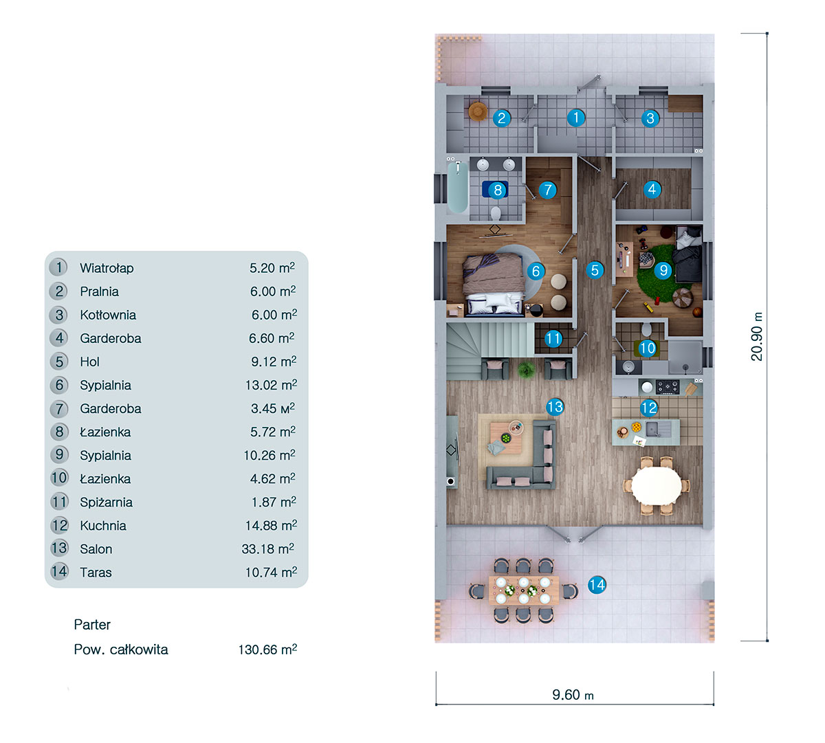 Mājas projekts ar mansardu 195 m²: 4 Guļamistabas, 2 Vannasistabas, Atvērta virtuve, bez Garāžas