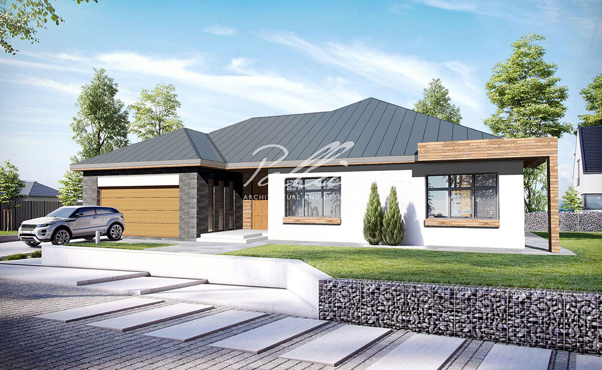 Vienstāva mājas projekts 187 m²: 4 Guļamistabas, 3 Vannasistabas, Atvērta virtuve, Garāža