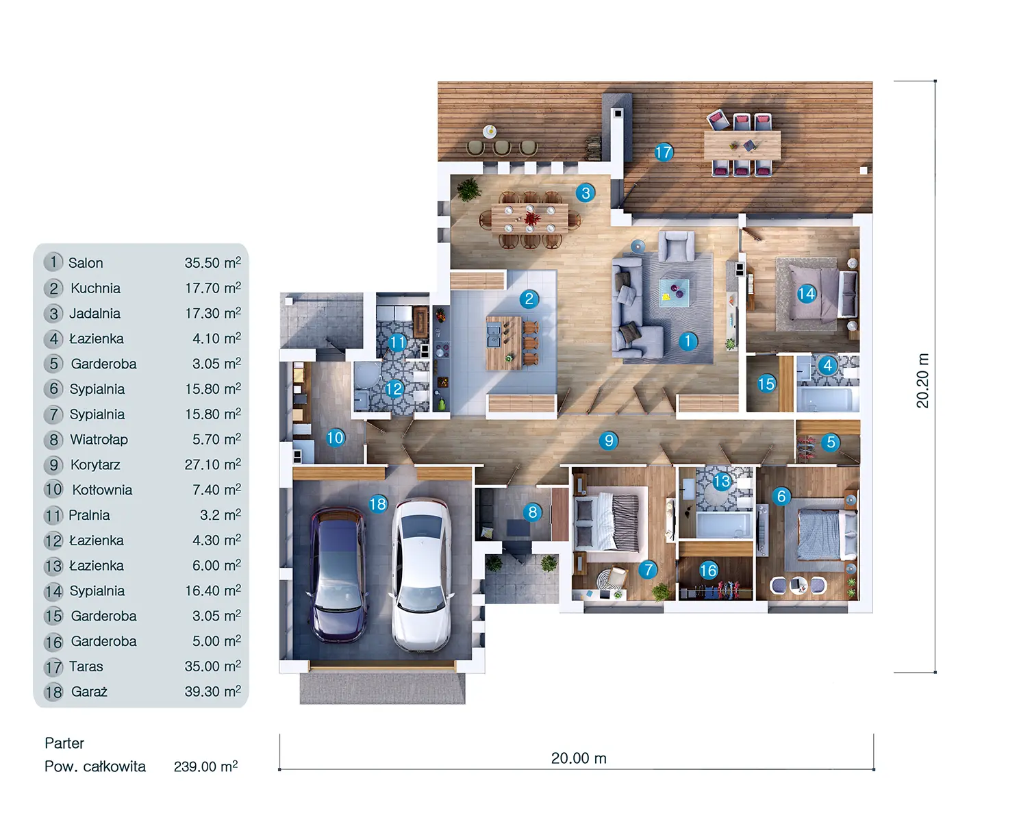Vienstāva mājas projekts 187 m²: 4 Guļamistabas, 3 Vannasistabas, Atvērta virtuve, Garāža