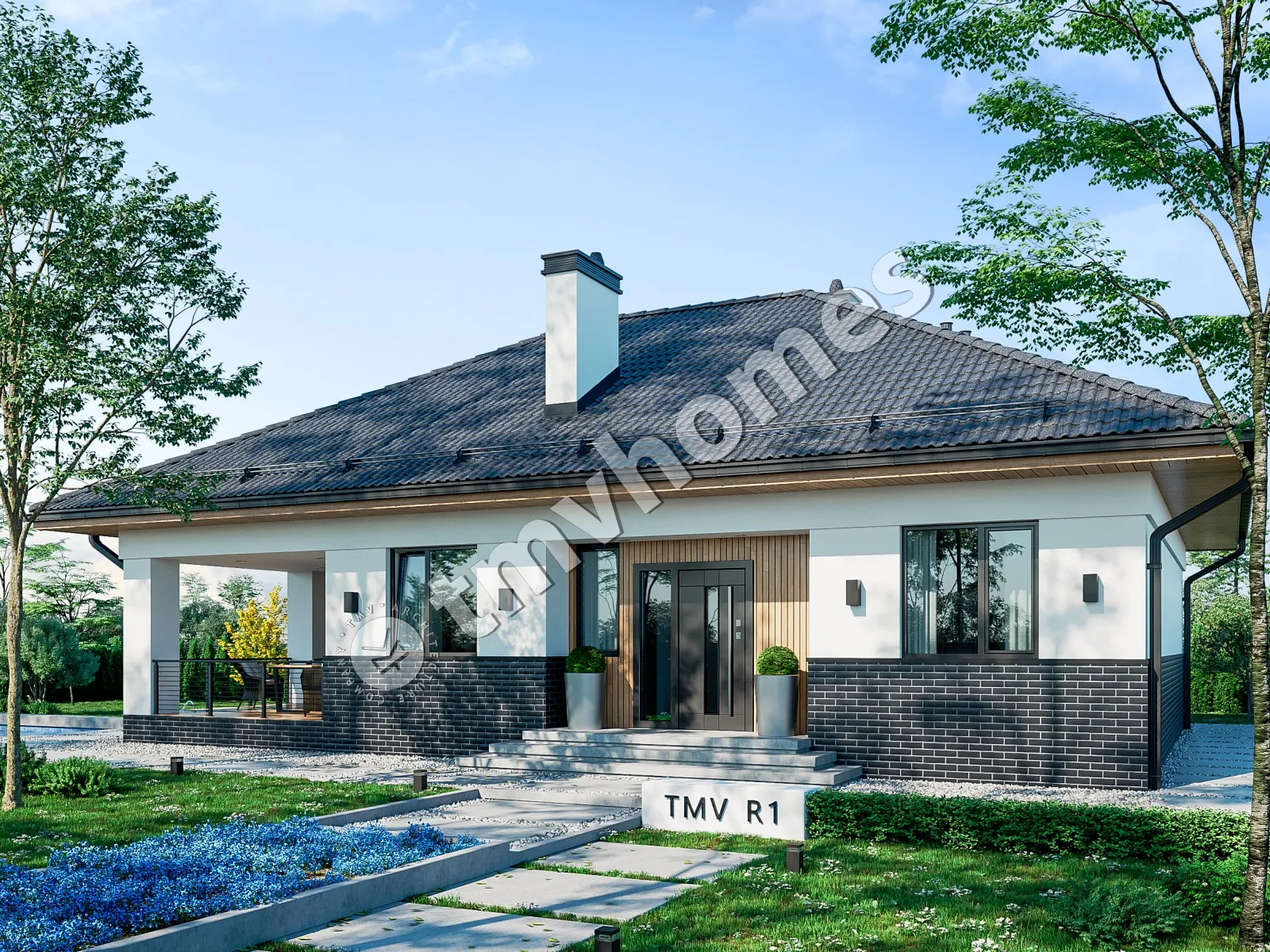 Vienstāva mājas projekts 100 m²: 2 Guļamistabas, 1 Vannasistabas, Atvērta virtuve, bez Garāžas