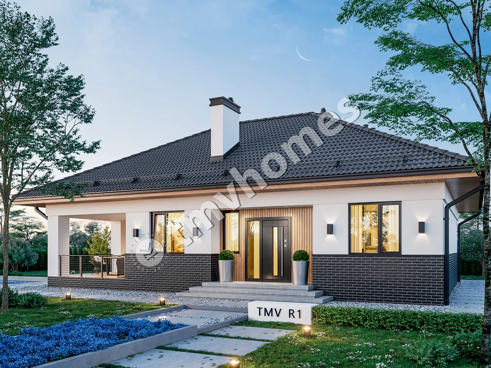 Vienstāva mājas projekts 100 m²: 2 Guļamistabas, 1 Vannasistabas, Atvērta virtuve, bez Garāžas