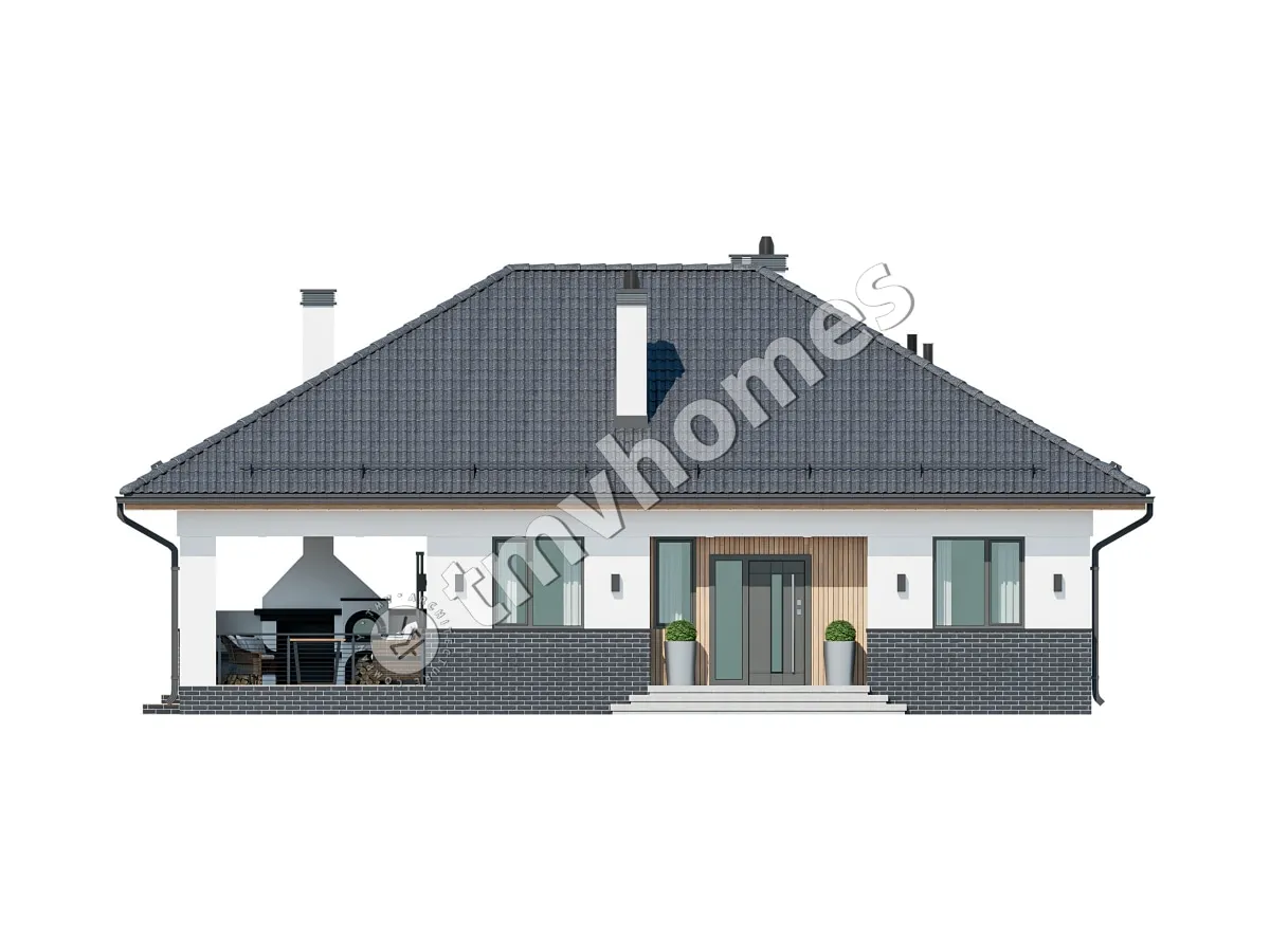 Vienstāva mājas projekts 100 m²: 2 Guļamistabas, 1 Vannasistabas, Atvērta virtuve, bez Garāžas