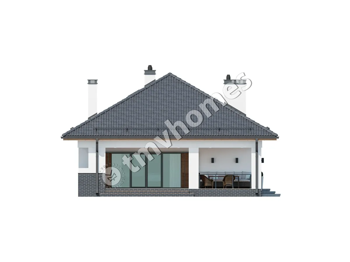 Vienstāva mājas projekts 100 m²: 2 Guļamistabas, 1 Vannasistabas, Atvērta virtuve, bez Garāžas