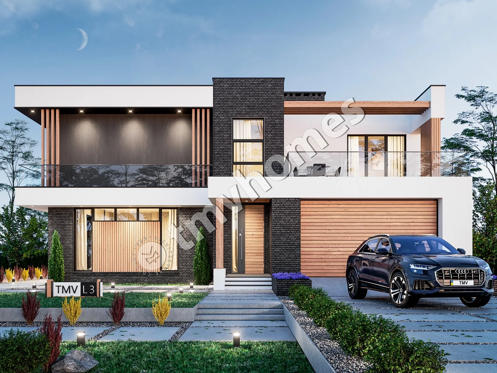 Divstāvu mājas projekts 330 m²: 4 Guļamistabas, Darba istaba, 3 Vannasistabas, Atvērta virtuve, Garāža