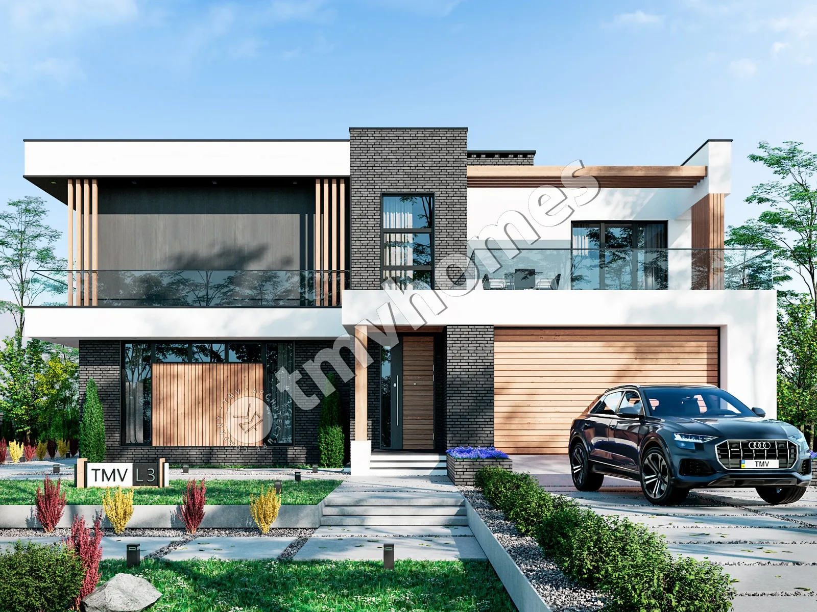 Divstāvu mājas projekts 330 m²: 4 Guļamistabas, Darba istaba, 3 Vannasistabas, Atvērta virtuve, Garāža