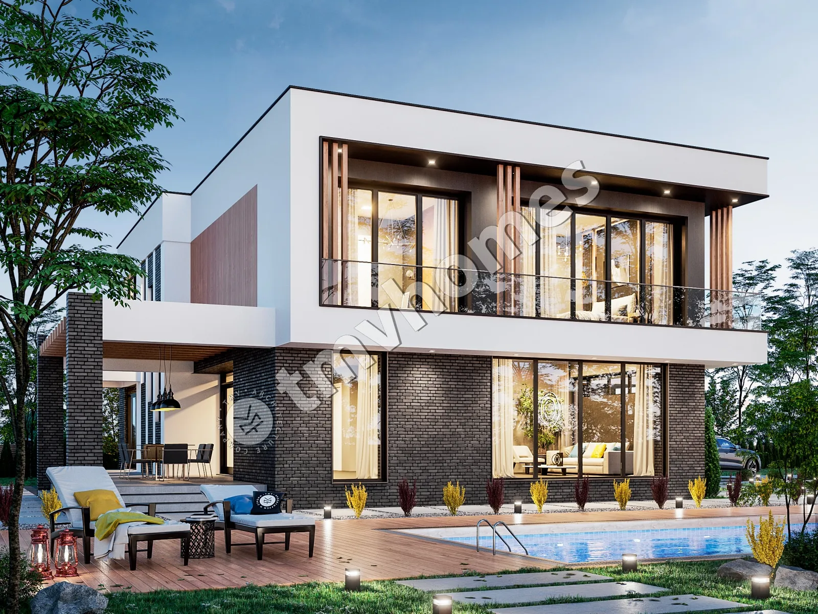 Divstāvu mājas projekts 330 m²: 4 Guļamistabas, Darba istaba, 3 Vannasistabas, Atvērta virtuve, Garāža
