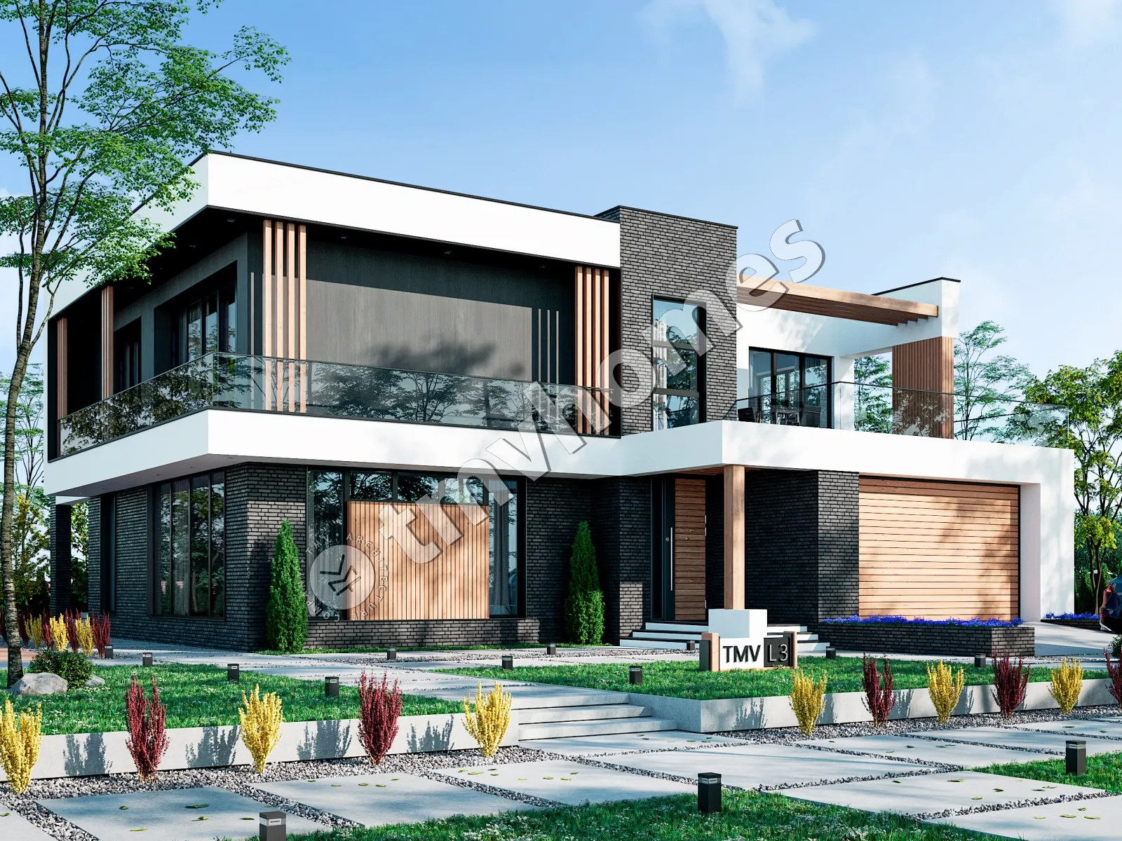 Divstāvu mājas projekts 330 m²: 4 Guļamistabas, Darba istaba, 3 Vannasistabas, Atvērta virtuve, Garāža