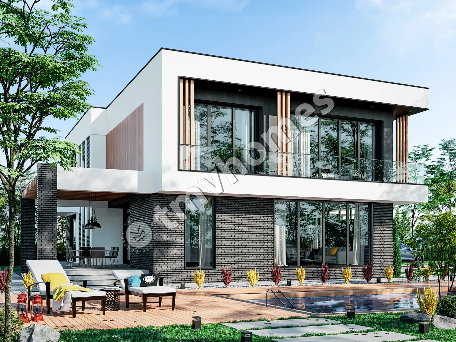 Divstāvu mājas projekts 330 m²: 4 Guļamistabas, Darba istaba, 3 Vannasistabas, Atvērta virtuve, Garāža
