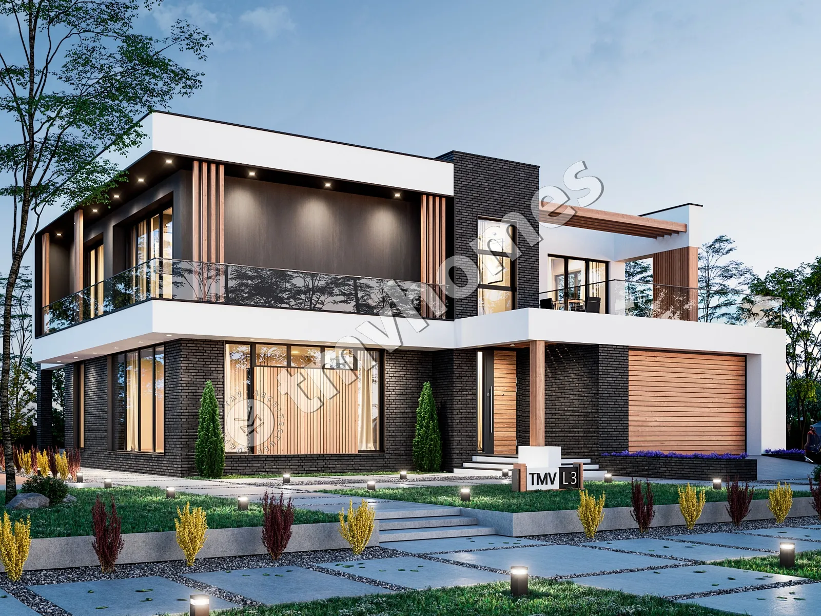 Divstāvu mājas projekts 330 m²: 4 Guļamistabas, Darba istaba, 3 Vannasistabas, Atvērta virtuve, Garāža
