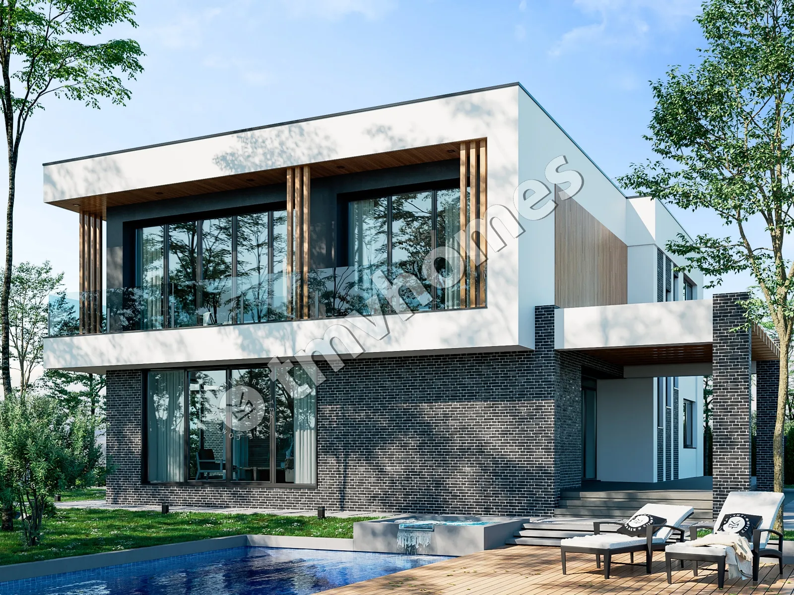 Divstāvu mājas projekts 329 m²: 5 Guļamistabas, 3 Vannasistabas, Atvērta virtuve, bez Garāžas