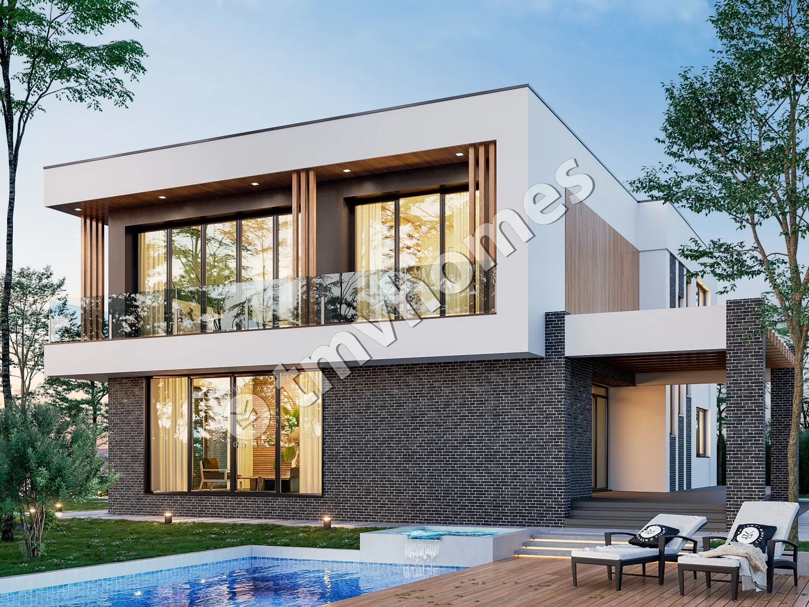 Divstāvu mājas projekts 329 m²: 5 Guļamistabas, 3 Vannasistabas, Atvērta virtuve, bez Garāžas
