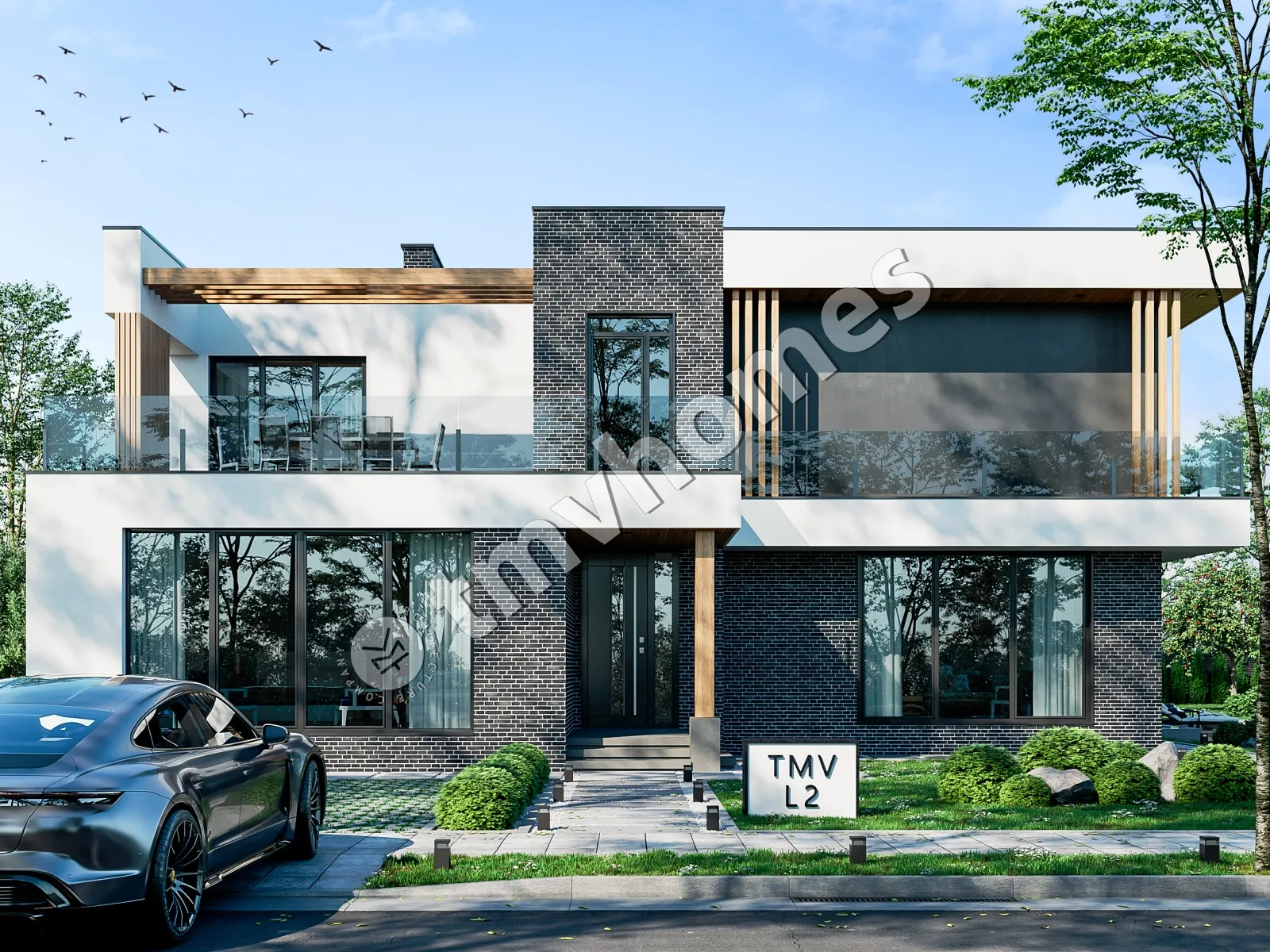 Divstāvu mājas projekts 329 m²: 5 Guļamistabas, 3 Vannasistabas, Atvērta virtuve, bez Garāžas