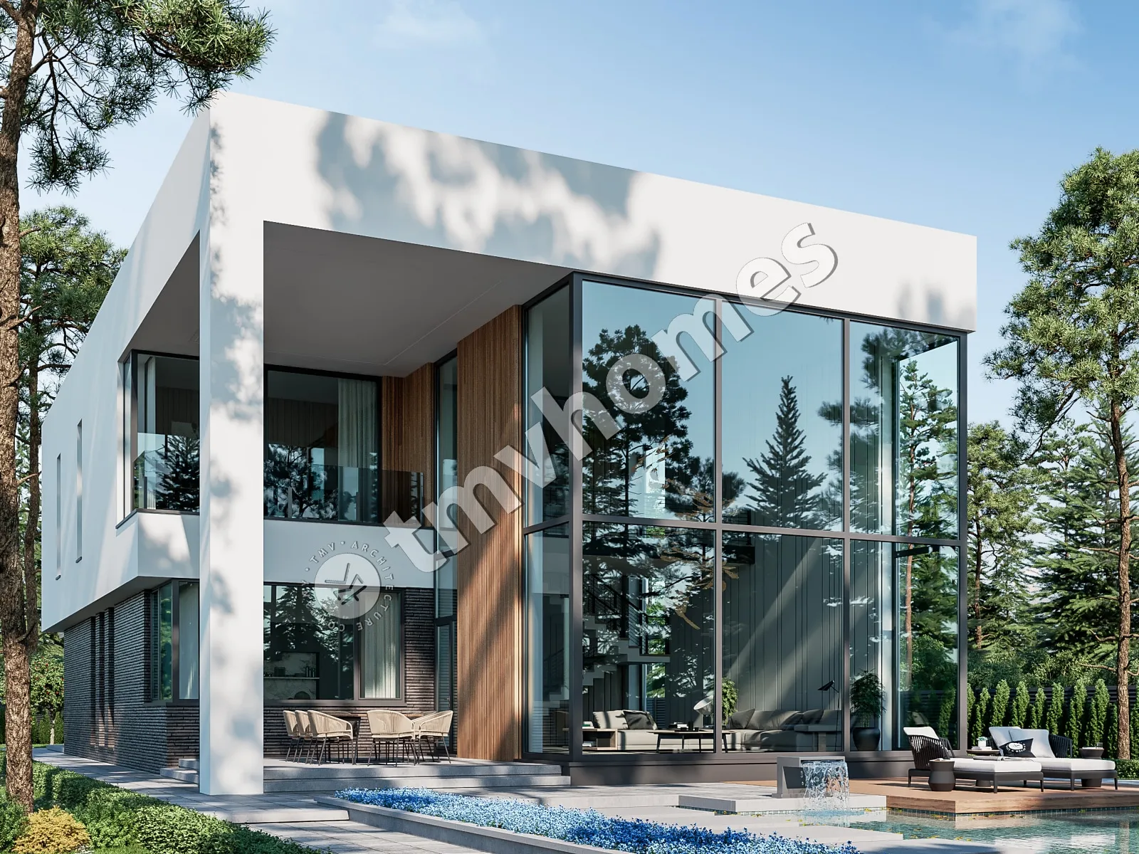 Divstāvu mājas projekts 415 m²: 3 Guļamistabas, Darba istaba, 4 Vannasistabas, Atvērta virtuve, Garāža