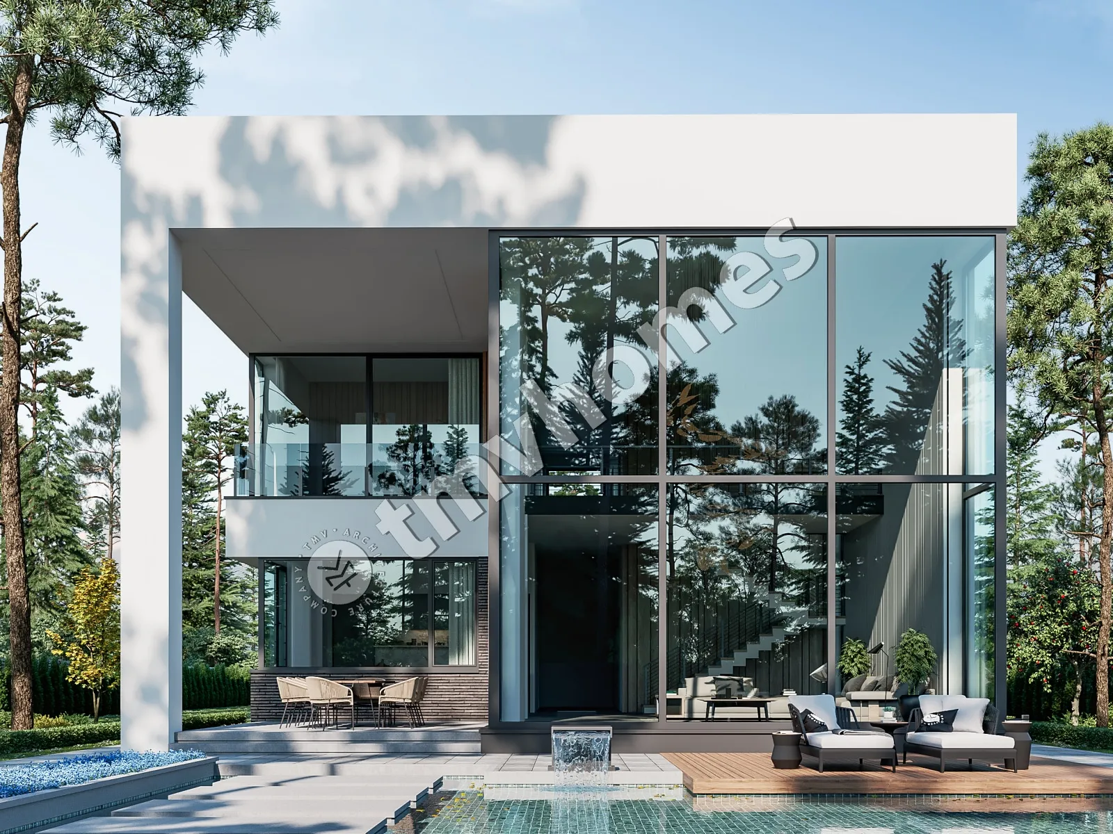 Divstāvu mājas projekts 415 m²: 3 Guļamistabas, Darba istaba, 4 Vannasistabas, Atvērta virtuve, Garāža