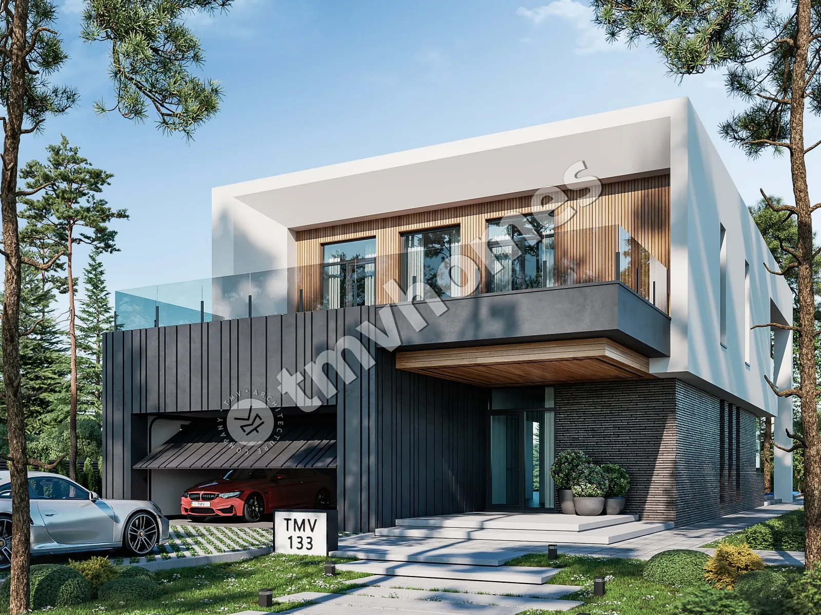 Divstāvu mājas projekts 415 m²: 3 Guļamistabas, Darba istaba, 4 Vannasistabas, Atvērta virtuve, Garāža