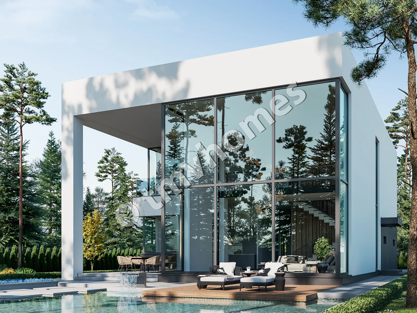 Divstāvu mājas projekts 415 m²: 3 Guļamistabas, Darba istaba, 4 Vannasistabas, Atvērta virtuve, Garāža
